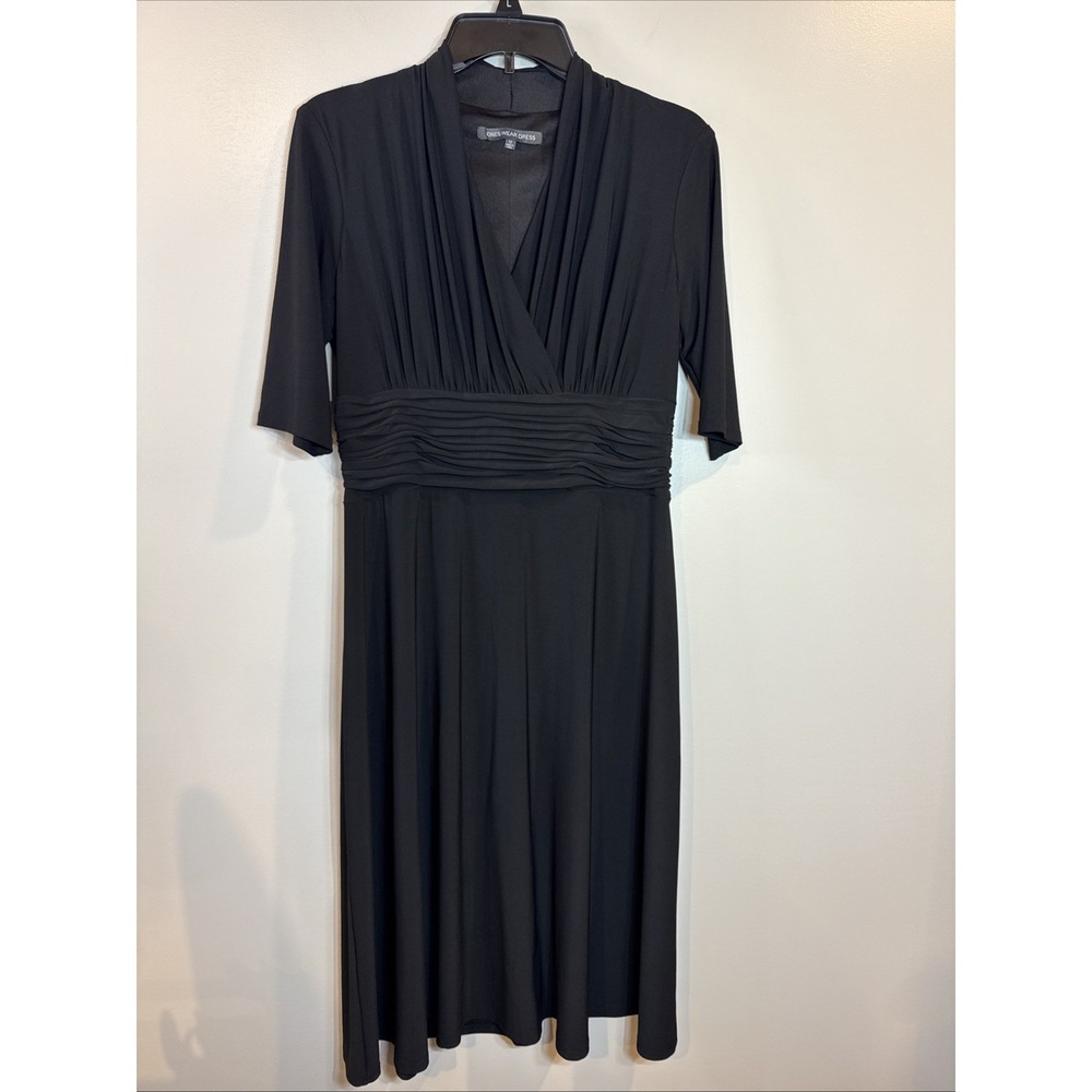 Jones Wear  Dress Womens 12 Black Midi Dress‎ V-neck Stretch Slimming 3/4 Sleeve